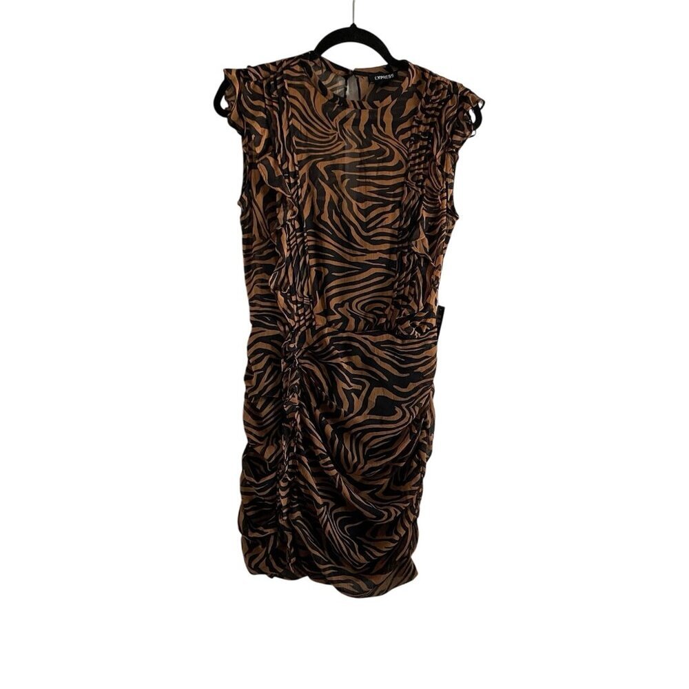 Express Women M Tiger Animal Print Sleeveless Ruffle Ruched Mini Dress NWT - Picture 4 of 12